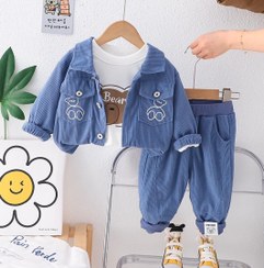 تصویر ست سه تیکه مخمل کبریتی خرس دار کد 2043 