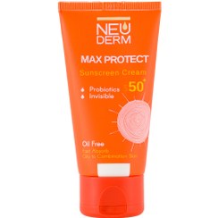 تصویر کرم ضد آفتاب بی رنگ مدل Max Protect SPF50 مناسب پوست چرب حجم 50 میلی لیتر نئودرم Neuderm Max Protect SPF50 Sunscreen Cream Oil Free 50ml For Oily And Combination Skin