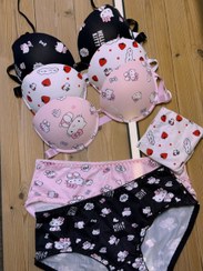 تصویر ست کیتی فانتزی کاپ نیمه با دانه های ضد تعریق و فیکس کننده فنردار و پوش آپ همراه با بند نامرئی Bra set