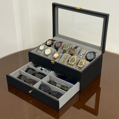 تصویر جعبه ساعت و عینک مدل WG107 | با ظرفیت ۱۲ ساعت و ۶ عینک WG107 Wooden Watch & Eyeglass Box | 12 Watches & 6 Glasses Organizer