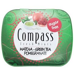 تصویر قرص خوشبو کننده دهان بدون قند نعناع تازه کامپس Compass Fresh Mints با طعم چای سبز ماچا و انار Matcha Green Tea Pomegranate 