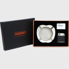 تصویر زیرسیگاری اورجینال آنست HONEST بهمراه فندک کبریتی چرمی HONEST ashtray