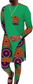 تصویر ست لباس آفریقایی مردانه 2 عددی ست پیراهن و شلوار بلند یقه O-Yeck Patchwork لباس سنتی مردانه آفریقا (رنگ: 24FS1406، سایز: X-Large) 