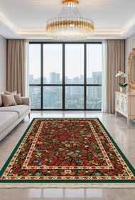 تصویر فرش طرح سنتی زمینه سبزو قرمز گل بهاری کد U120 - ۹متری 