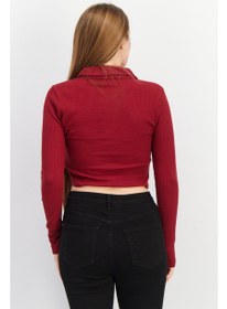 تصویر بلوز با یقه پخش و آستین بلند با بافت، رنگ مارون برای زنان برند don't call me jennyfer Women Spread Collar Long Sleeve Textured Top, Maroon