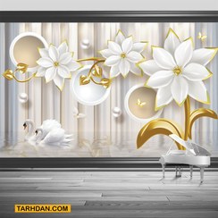 تصویر کاغذ دیواری طرح گل سفید طلایی 