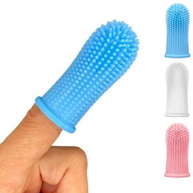 تصویر مسواک و ماساژور انگشتی 360 درجه سگ و گربه همراه با باکس tooth brush and massage finger set for pets with box