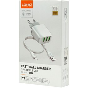 تصویر شارژر دیواری فست شارژ LDNIO A3312 3.4A 17W + کابل میکرو یو اس بی LDNIO A3312 3Port 3.4A 17W Fast Wall Charger With Micro USB Cable