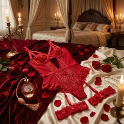 تصویر لباس خواب فانتزی توری رانبنددار فرمزTIFA2027 