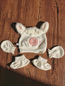 تصویر ست کلاه و دستکش و پاپوش نوزادی پاپو مدل پشمی کد 15139 