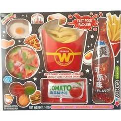 تصویر پک فست فود پاستیلی به همراه نوشیدنی کولا و سس ترش 