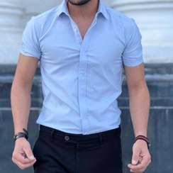 تصویر آفر پیراهن آستین کوتاه آبی آسمانی پارچه نخ خالص Short Sleeve Shirt Sky Blue Pure Cotton Fabric