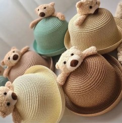 تصویر کلاه حصیری بچگانه عروسک تدی دخترانه پسرانه | تابستانه و بهاره 