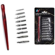 تصویر ست قلم خطاطی فلزی ۹ نوک با دسته چوبی 