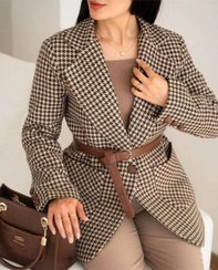 تصویر کت پشمی آستردار پیردوپل فری سایز با کمربند - سفید مشکی / سایز ۲ مناسب ۴۴ تا ۴۶ 