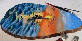 تصویر تابلو نقاشی روی چوب طرح منظره غروب دریا A sunset sea view painting on wood