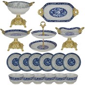 تصویر سرویس پذیرایی چینی قلم آبی پایه طلایی 18 پارچه 