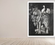 تصویر تابلو نقاشی سیاه قلم ببر افسانه ای 
