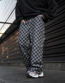 تصویر شلوار بگ مردانه کاستوم شطرنجی مشکی گرم بالا وارداتی Black checkered baggy pants