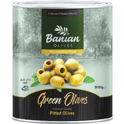 تصویر زیتون سبز بی هسته قوطی 3 کیلوگرمی بانیان 