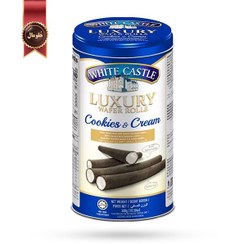 تصویر ویفر رولی لاکچری وایت کستل White Castle Luxury Wafer Rolls مدل خامه و کوکی Cookies & Cream وزن 300 گرم 