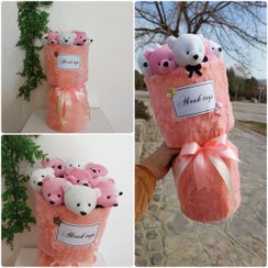 تصویر بوکت عروسک تدی خرسی صورتی و سفید 