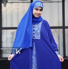 تصویر عبا دخترانه نوجوان کرپ الیزه مدل رُز آبی مزون نجما - آبی کاربنی / سایز Blue Rose Abaya