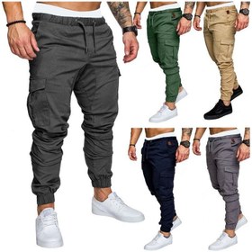 تصویر شلوار کتان با کش و دکمه در رنگ آبی تیره برند loquat Solid Drawstring Cargo Pants Nave Blue