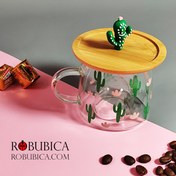 تصویر ماگ شیشه ای با درب بامبو 