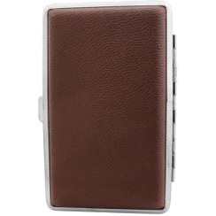 تصویر جعبه سیگار پایه بلند فلزی با روکش چرم مصنوعی به رنگ قهوه ای 