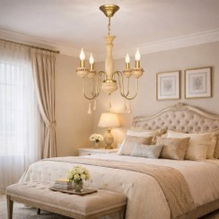 تصویر لوستر چوبی 4 شعله کرم طلایی 