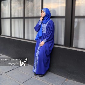 تصویر عبا دخترانه نوجوان کرپ الیزه مدل رُز آبی مزون نجما - آبی کاربنی / سایز Blue Rose Abaya