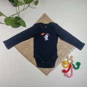 تصویر بادی نوزادی پسرانه آستین بلند برند h and m طرح خرگوش سرمه ای رنگ 