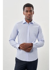 تصویر خرید اینترنتی پیراهن آستین بلند مردانه آبی برند İMZA S000348221 Mavi Uzun Kol Filafil Sert Yaka Slim Fit Dar Kesim Basic Gömlek 1004225008