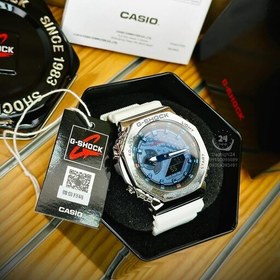 تصویر ساعت مچی جی شاک GA2100دور فلزی بند سفید(جیشاک GShock)های کپی تمام فول تنظیم اتوماتیک با پایتخت کشورها،اتولایت اتوماتیک 