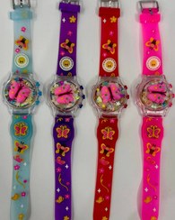 تصویر ساعت مچی اسپینری چراغدار دخترانه طرح توت فرنگی و پروانه - فرفره 