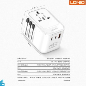 تصویر شارژر دیواری فست شارژ 3 پورت الدینیو مدل Z6 توان خروجی 30 وات Ldnio Z6 5A QC3.0 PD 65W Fast Wall Charger