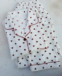 تصویر ست آستین بلند و شلوار موسلین طرح قلب قرمز 