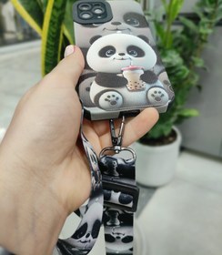 تصویر کاور کبریتی طرح پاندا همراه با بند مناسب برای گوشی آیفون 11pro panda-themed matchstick patterned cover with a panda strap suitable for iPhone 11 Pro.