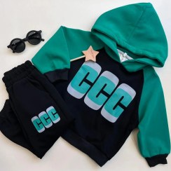 تصویر ست هودی شلوار بچگانه وارداتی رنگ سبز مشکی 