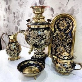 تصویر خرید و قیمت سرویس 5 تکه سماور برنجی الماس تراش 4 لیتری - هنرظریف ا Charcoal samovar service, diamond-cut brass, 4 liters, thick plate Charcoal samovar service, diamond-cut brass, 4 liters, thick plate