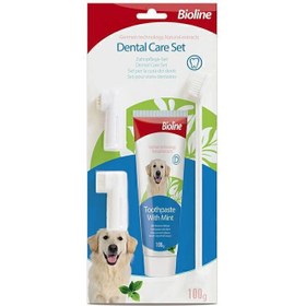 تصویر ست مسواک و خمیردندان سگ بایولاین با طعم نعناع وزن 100 گرم Bioline Dental Oral Care Kit With Mint Flavor 100gr