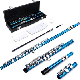 تصویر درام استیل 8 نت SLADE SLADE Closed Hole C Flute with Case, Gloves, Tuning Rod, Carrying Case, Joint Grease and Cleaning Kit, 16 Key Flute Nickel plated flute, Beginner Flute in Band & Orchestra, Blue