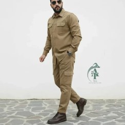 تصویر ست پیراهن و شلوار کتان مردانه یاشیل – خاکی 