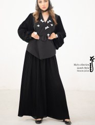 تصویر ست کت و شلوار زنانه کرپ مشکی گره استایل مدل ستاره شب 