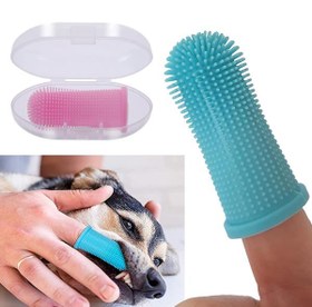 تصویر مسواک و ماساژور انگشتی 360 درجه سگ و گربه همراه با باکس tooth brush and massage finger set for pets with box