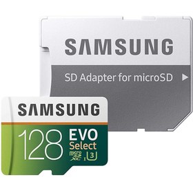 تصویر کارت حافظه سامسونگ microSDXC مدل Evo Select کلاس 10 استاندارد UHS-I U3 سرعت 100MBps ظرفیت 128 گیگابایت به همراه آداپتور SD ا Samsung evo select Micro SDXC Samsung evo select Micro SDXC