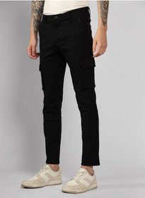 تصویر شلوار کتان مردانه مشکی با فیت باریک - طرح ساده، قد متوسط، تمام قد برند dennis lingo Men's Black Tapered Fit Cotton Trousers - Solid Pattern, Mid-Rise, Full-Length