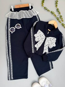 تصویر ست سویشرت شلوار دخترانه پاپیونی سایز ۴ تا ۱۲ سال سرمه ای 