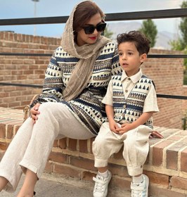 تصویر ست مادر پسری شامل وست و پیراهن آستین کوتاه و شلوارک و مانتو شلوار سایز بزرگ سورمه ای و مشکی 